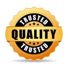 A gold and black circular badge with the words "TRUSTED QUALITY TRUSTED" and star icons.