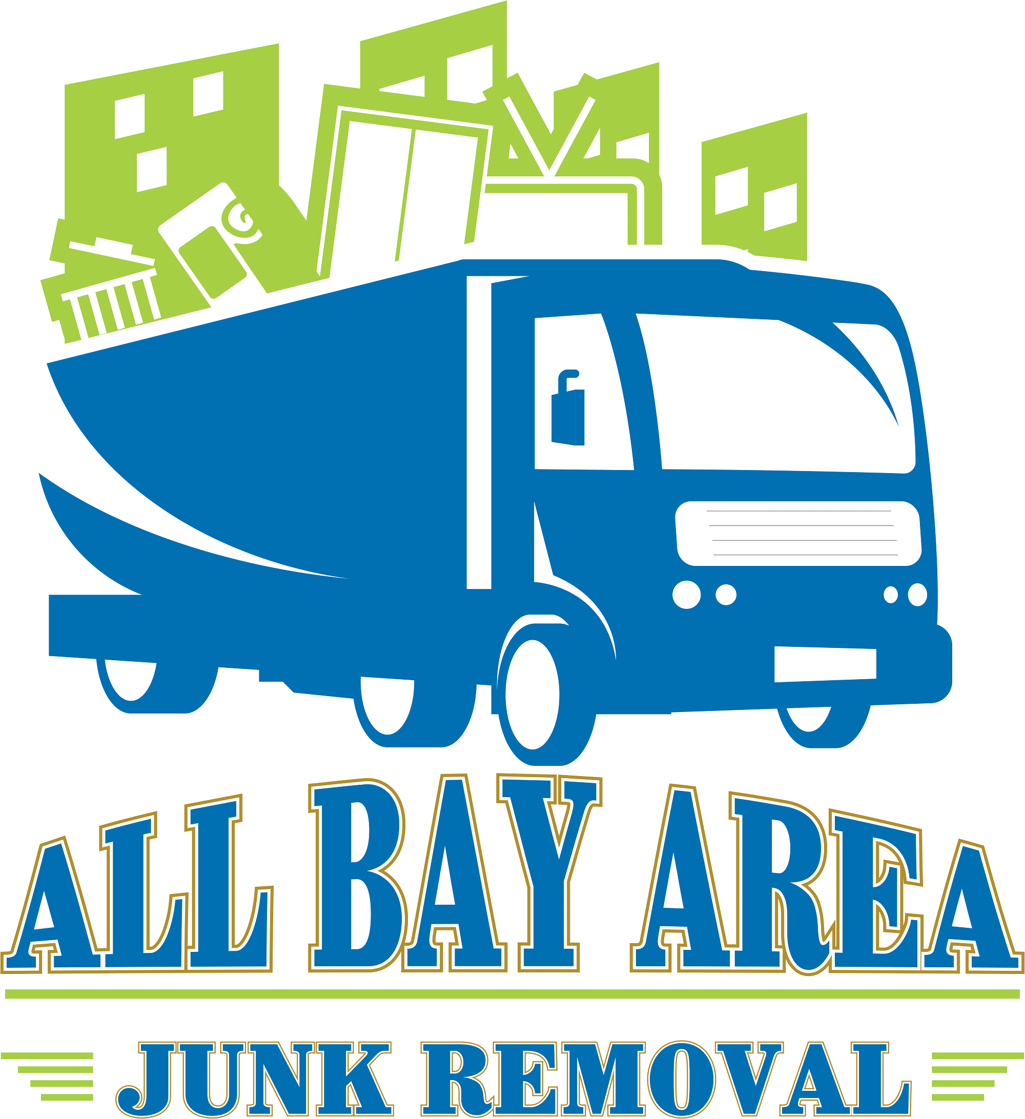 A logo for "All Bay Area Junk Removal" featuring a blue moving truck carrying green stylized junk items and buildings.